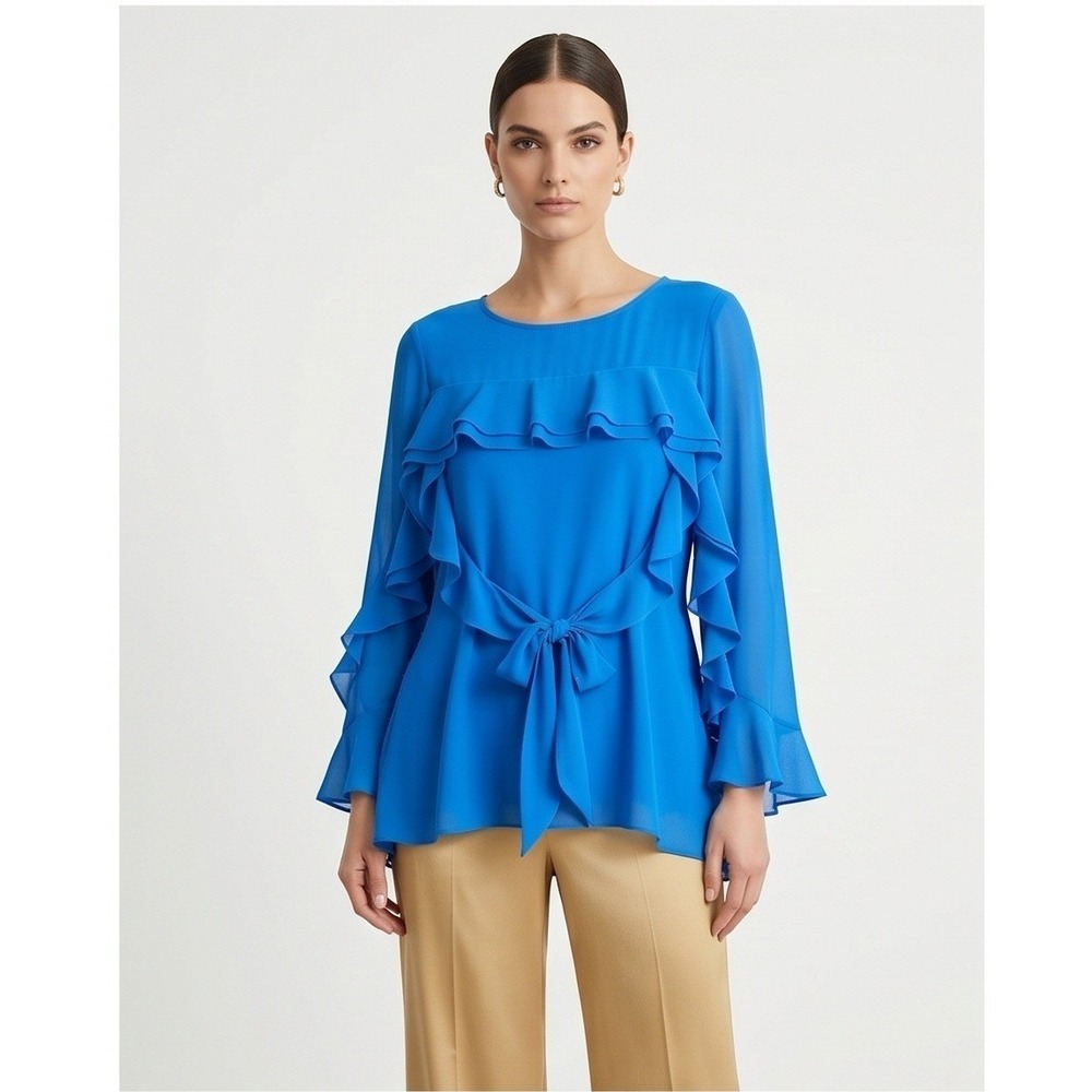 Black Label by‎ Chicos 3 Ruffle Tie Waist Blouse Blue Chiffon Long Sleeve Top XL